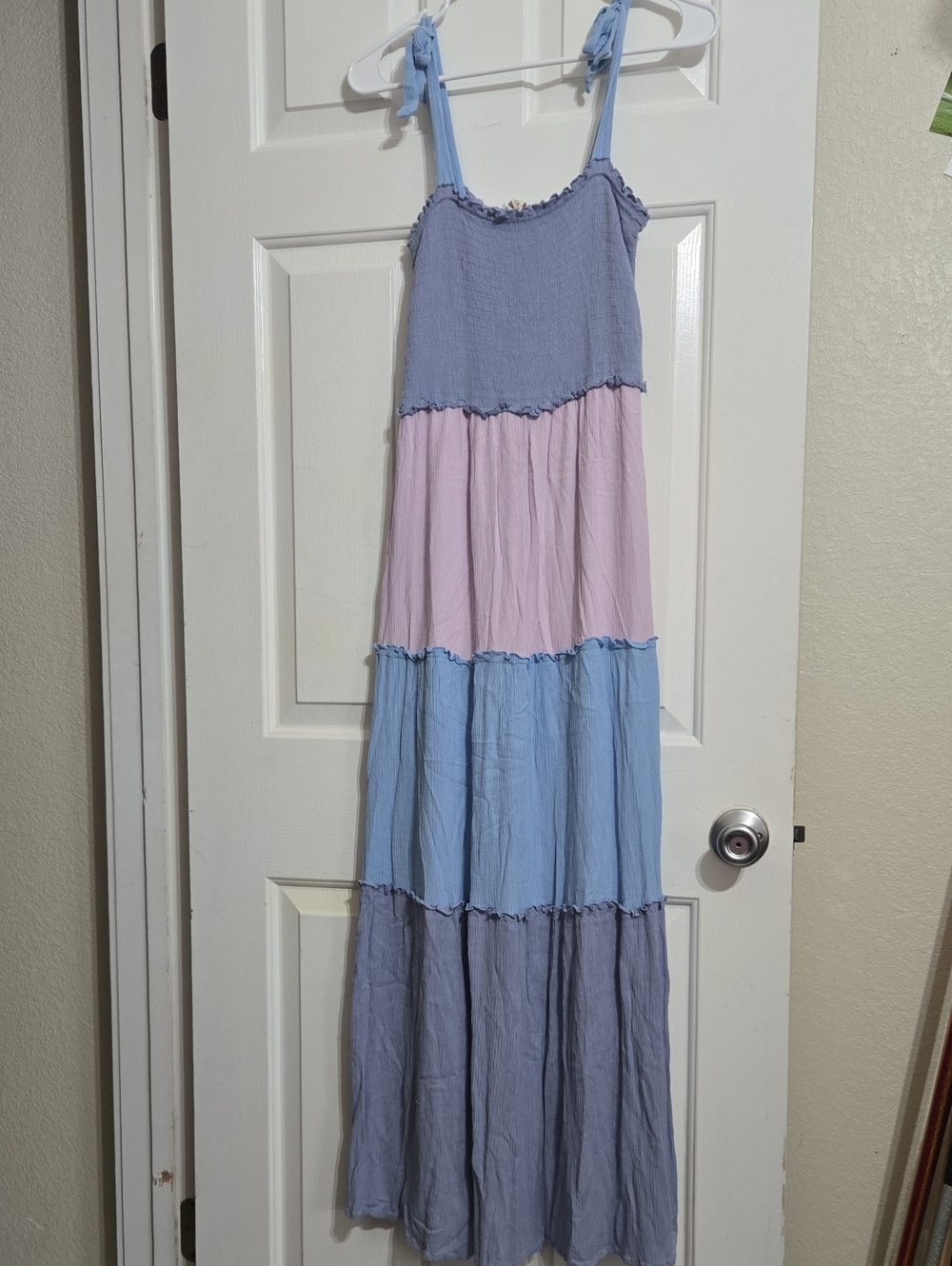 BeBop Lavender, Light Pink and Sky Blue Tiered Tie-Shoulder Maxi Dress